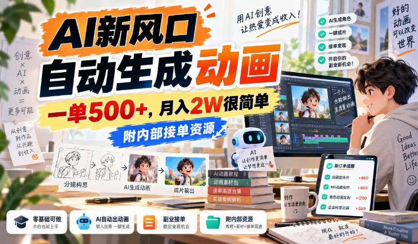 AI新风口，自动生成动画，一单500+，月入2W很简单，附内部接单资源【揭秘】亿创资源网_优质资源分享平台_一站式资源获取亿创资源网 | 优质资源分享平台_一站式资源获取