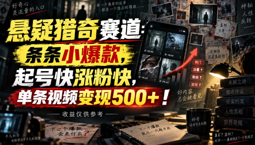 悬疑猎奇赛道：条条小爆款，起号快涨粉快，单条视频变现500+！收益仅供参考亿创资源网_优质资源分享平台_一站式资源获取亿创资源网 | 优质资源分享平台_一站式资源获取