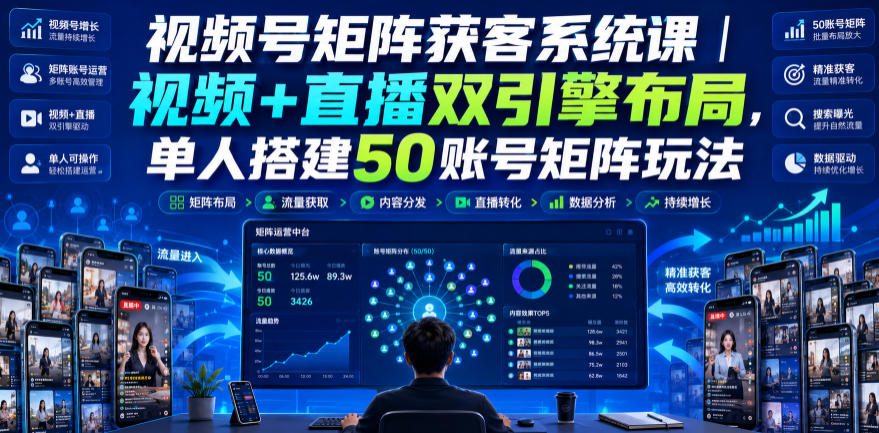 视频号矩阵获客系统课｜视频+直播双引擎布局，单人搭建50账号矩阵玩法，流量入池、搜索占位、全域引流沉淀私域全流程教学亿创资源网_优质资源分享平台_一站式资源获取亿创资源网 | 优质资源分享平台_一站式资源获取