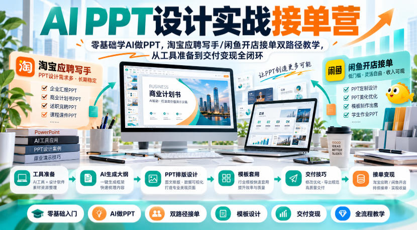 AI PPT设计实战接单营｜零基础学AI做PPT，淘宝应聘写手/闲鱼开店接单双路径教学，从工具准备到交付变现全闭环亿创资源网_优质资源分享平台_一站式资源获取亿创资源网 | 优质资源分享平台_一站式资源获取