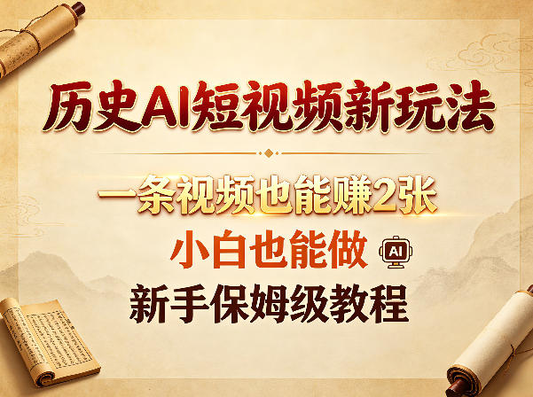 历史AI短视频新玩法，一条视频也能賺2张，小白也能做，新手保姆级教程亿创资源网_优质资源分享平台_一站式资源获取亿创资源网 | 优质资源分享平台_一站式资源获取