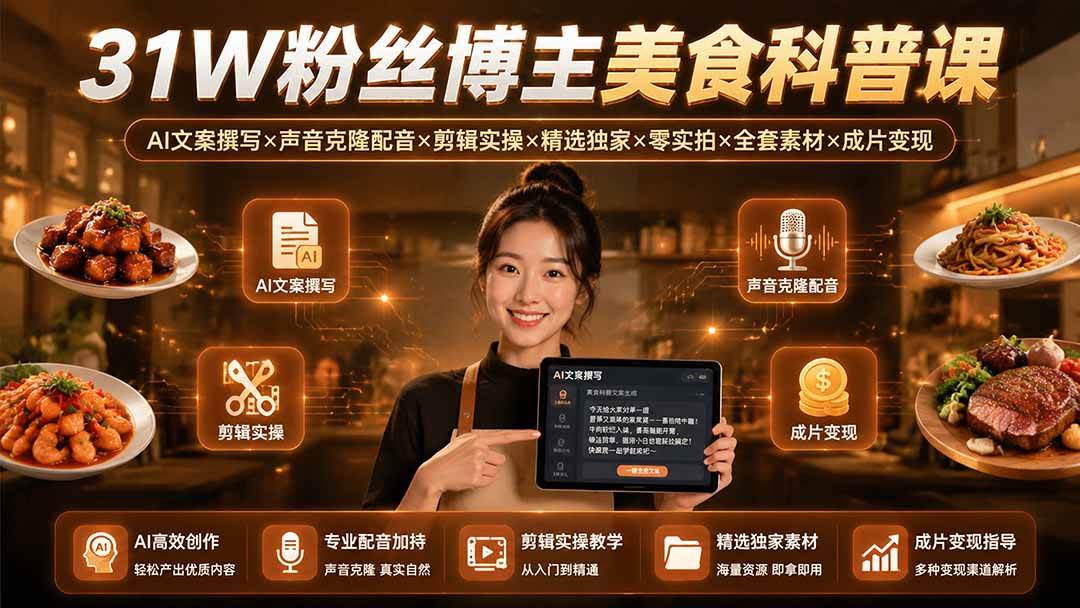 （19558期）31W粉丝博主美食科普课：AI文案撰写×声音克隆配音×剪辑实操×精选独家×零实拍×全套素材×成片变现亿创资源网_优质资源分享平台_一站式资源获取亿创资源网 | 优质资源分享平台_一站式资源获取