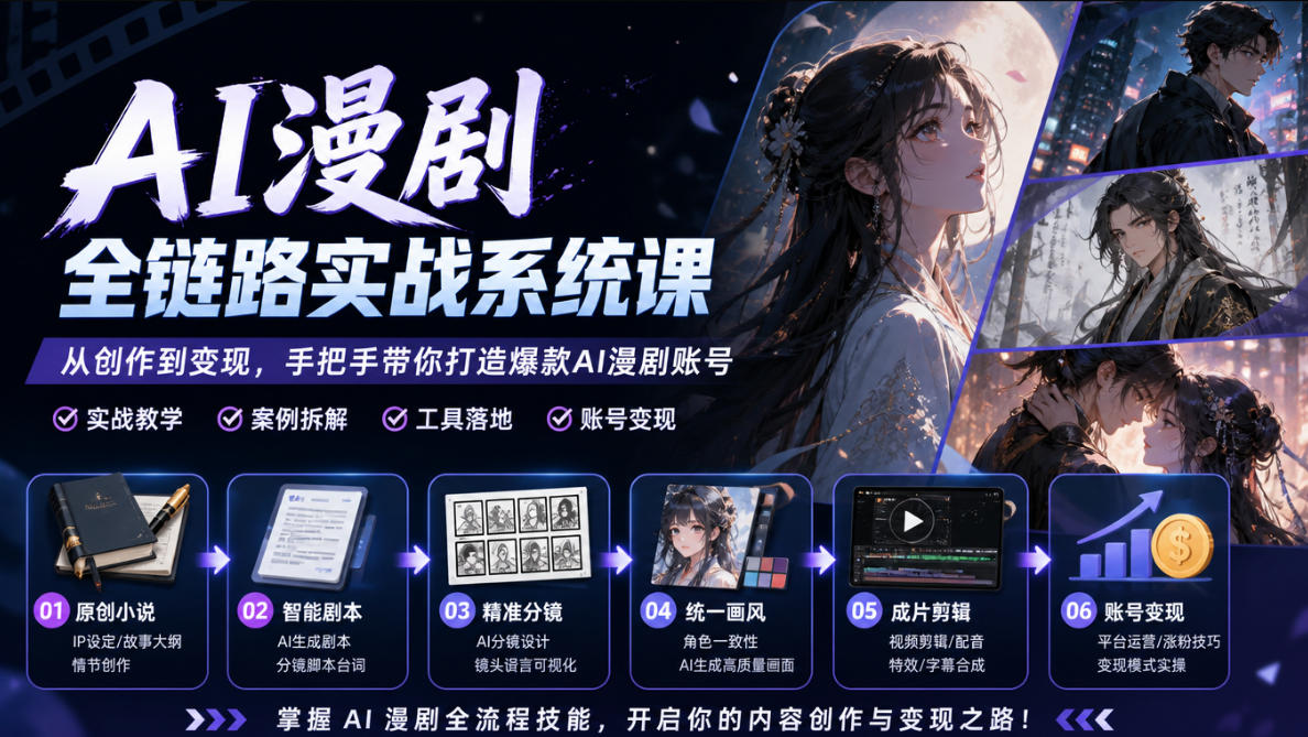 AI漫剧全链路实战系统课｜原创小说、智能剧本、精准分镜、统一画风、成片剪辑、账号变现实操教学亿创资源网_优质资源分享平台_一站式资源获取亿创资源网 | 优质资源分享平台_一站式资源获取