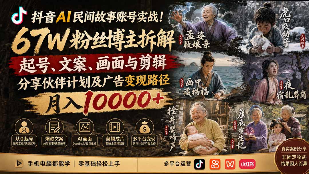 抖音AI民间故事账号实战!67W粉丝博主拆解起号、文案、画面与剪辑,分享伙伴计划及广告变现路径,月入10000+亿创资源网_优质资源分享平台_一站式资源获取亿创资源网 | 优质资源分享平台_一站式资源获取