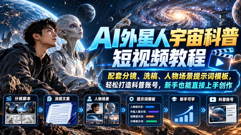 AI外星人宇宙科普短视频教程,配套分镜、洗稿、人物场景提示词模板,轻松打造科普账号,新手也能直接上手创作亿创资源网_优质资源分享平台_一站式资源获取亿创资源网 | 优质资源分享平台_一站式资源获取