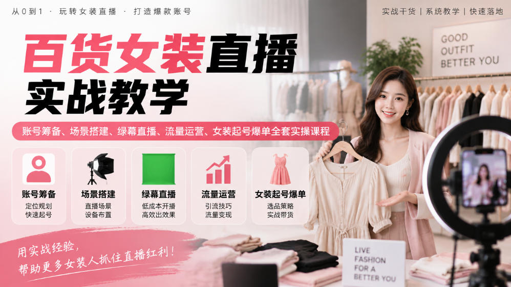 百货女装直播实战教学｜账号筹备、场景搭建、绿幕直播、流量运营、女装起号爆单全套实操课程亿创资源网_优质资源分享平台_一站式资源获取亿创资源网 | 优质资源分享平台_一站式资源获取