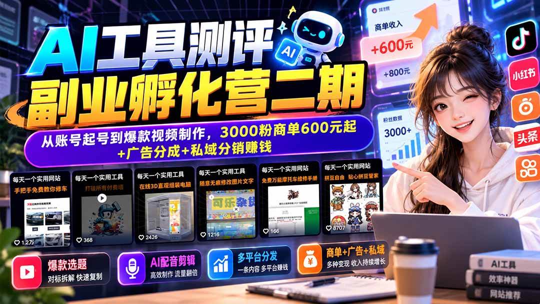 (20799期)AI工具测评副业孵化营二期:从账号起号到爆款视频制作,3000粉商单600元起+广告分成+私域分销赚钱亿创资源网_优质资源分享平台_一站式资源获取亿创资源网 | 优质资源分享平台_一站式资源获取
