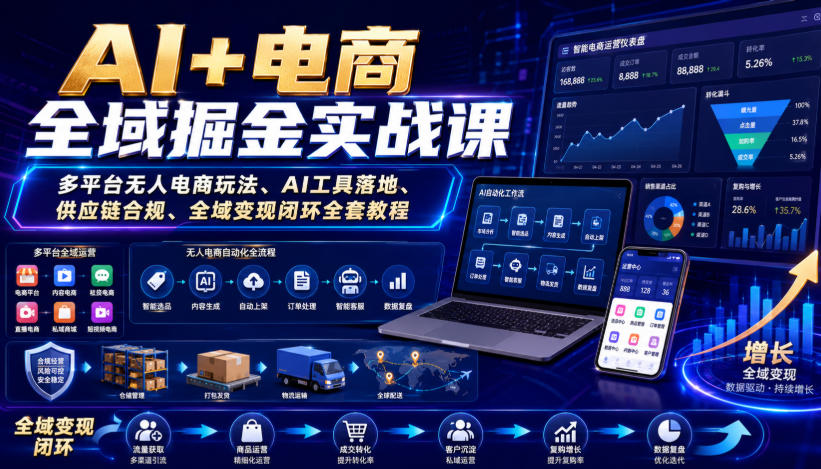 AI+电商全域掘金实战课｜多平台无人电商玩法、AI工具落地、供应链合规、全域变现闭环全套教程亿创资源网_优质资源分享平台_一站式资源获取亿创资源网 | 优质资源分享平台_一站式资源获取