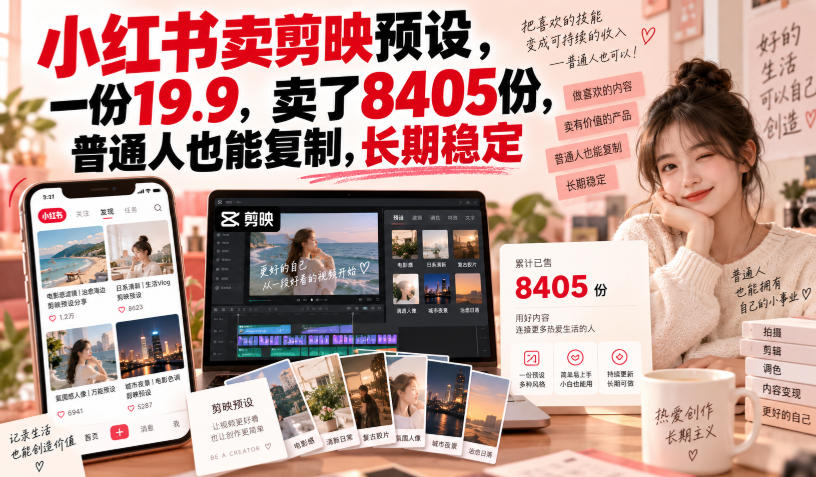 小红书卖剪映预设，一份19.9，卖了8405份，普通人也能复制，长期稳定亿创资源网_优质资源分享平台_一站式资源获取亿创资源网 | 优质资源分享平台_一站式资源获取