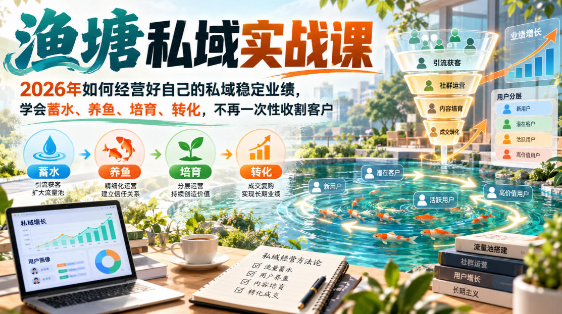 渔塘私域实战课，2026年如何经营好自己的私域稳定业绩，学会蓄水、养鱼、培育、转化，不再一次性收割客户亿创资源网_优质资源分享平台_一站式资源获取亿创资源网 | 优质资源分享平台_一站式资源获取