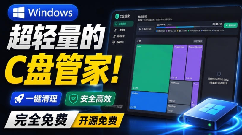 Windows超轻量的C盘管家！超级有特点，支持磁盘分析及清理提醒，2M大小体积，完全免费C盘管家亿创资源网_优质资源分享平台_一站式资源获取亿创资源网 | 优质资源分享平台_一站式资源获取