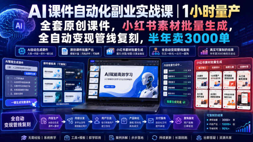 AI课件自动化副业实战课｜1小时量产全套原创课件，小红书素材批量生成，全自动变现管线复刻，半年卖3000单亿创资源网_优质资源分享平台_一站式资源获取亿创资源网 | 优质资源分享平台_一站式资源获取