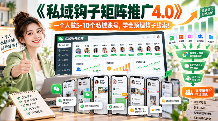 【无水印】《私域钩子矩阵推广4.0》一个人做5-10个私域账号,学会预埋钩子线索!亿创资源网_优质资源分享平台_一站式资源获取亿创资源网 | 优质资源分享平台_一站式资源获取