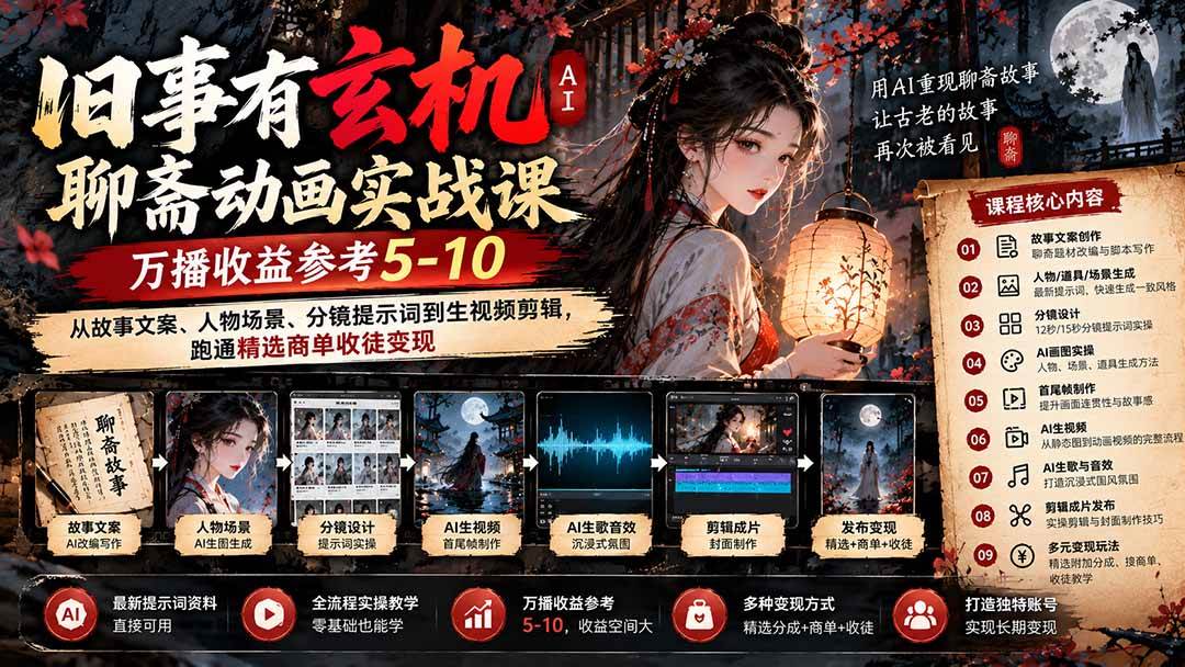（20789期）旧事有玄机AI聊斋动画实战9月新课：万播收益参考5-10，从故事文案、人物场景到分镜生视频，跑通精选商单收徒亿创资源网_优质资源分享平台_一站式资源获取亿创资源网 | 优质资源分享平台_一站式资源获取