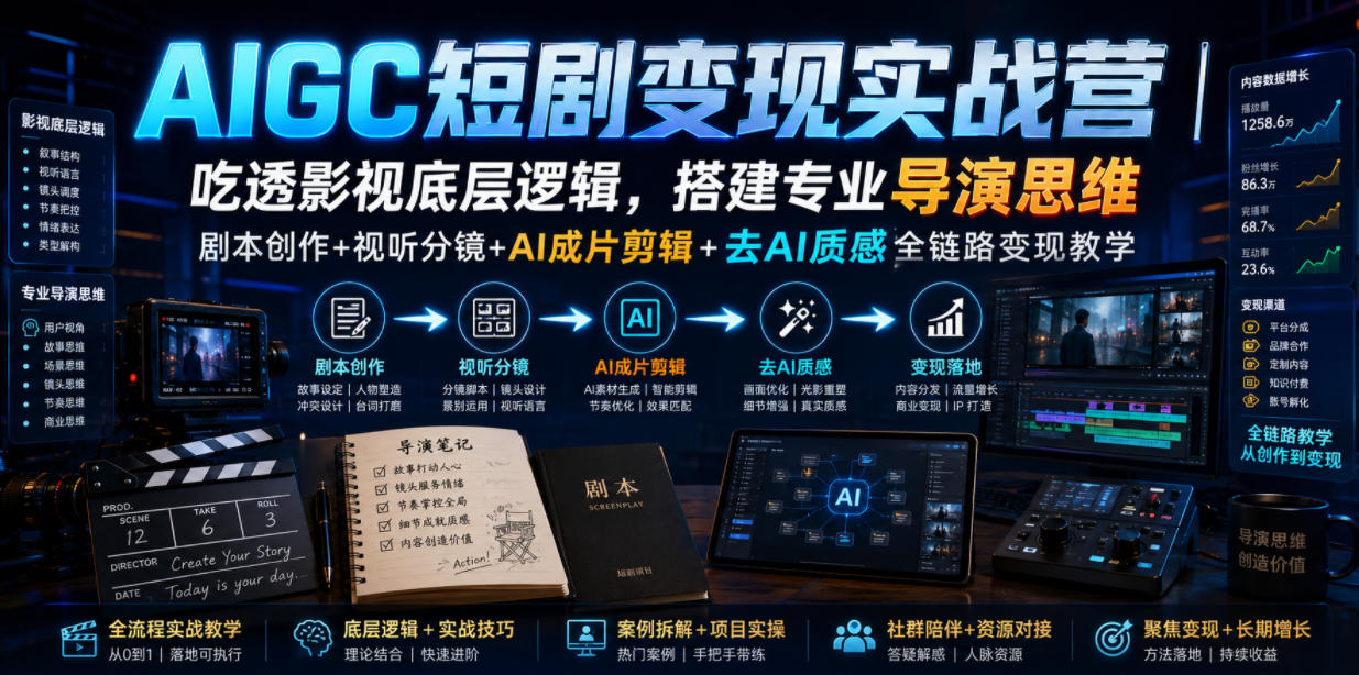 AIGC短剧变现实战营｜吃透影视底层逻辑，搭建专业导演思维，剧本创作+视听分镜+AI成片剪辑+去AI质感全链路变现教学亿创资源网_优质资源分享平台_一站式资源获取亿创资源网 | 优质资源分享平台_一站式资源获取