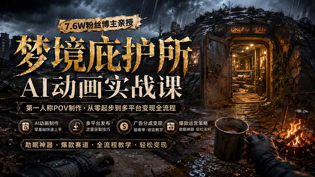 梦境庇护所AI动画实战课:7.6W粉丝博主亲授第一人称POV制作,从零起步到多平台发布变现全流程亿创资源网_优质资源分享平台_一站式资源获取亿创资源网 | 优质资源分享平台_一站式资源获取