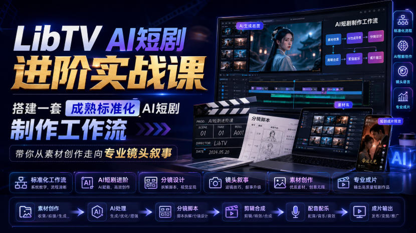 LibTV AI短剧进阶实战课，搭建一套成熟标准化AI短剧制作工作流，带你从素材创作走向专业镜头叙事亿创资源网_优质资源分享平台_一站式资源获取亿创资源网 | 优质资源分享平台_一站式资源获取