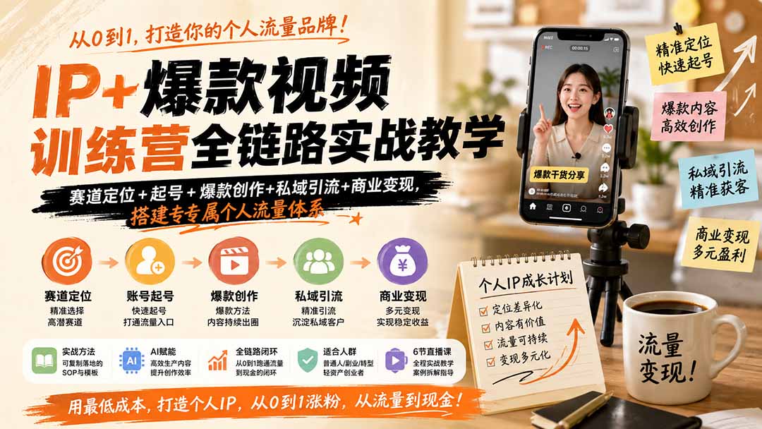 IP+爆款视频训练营全链路实战教学；赛道定位+起号+爆款创作+私域引流+商业变现，搭建专属个人流量体系亿创资源网_优质资源分享平台_一站式资源获取亿创资源网 | 优质资源分享平台_一站式资源获取