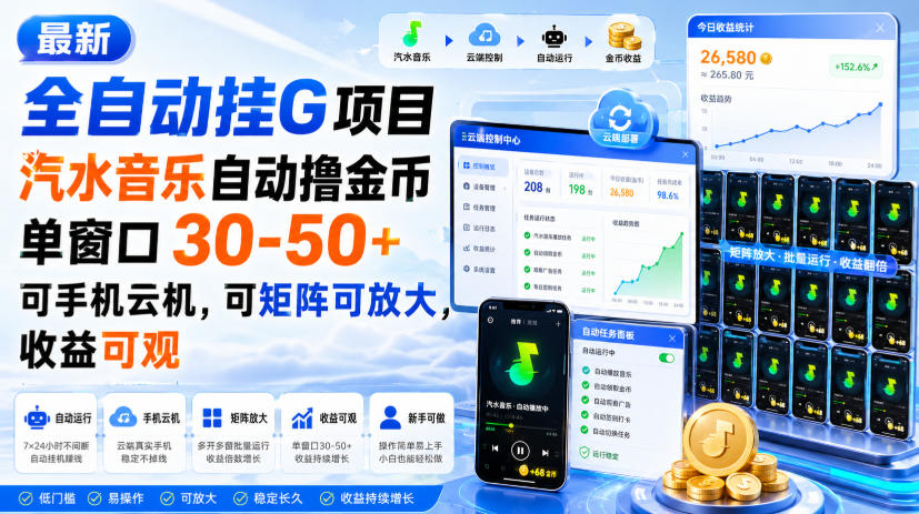 最新全自动挂G项目，汽水音乐自动撸金币单窗口30-50+，可手机云机，可矩阵可放大，收益可观亿创资源网_优质资源分享平台_一站式资源获取亿创资源网 | 优质资源分享平台_一站式资源获取