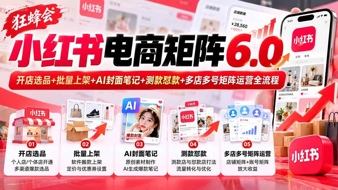 （20732期）【无水印】狂蜂会小红书电商矩阵6.0：开店选品+批量上架+AI封面笔记+测款怼款+多店多号矩阵运营全流程亿创资源网_优质资源分享平台_一站式资源获取亿创资源网 | 优质资源分享平台_一站式资源获取