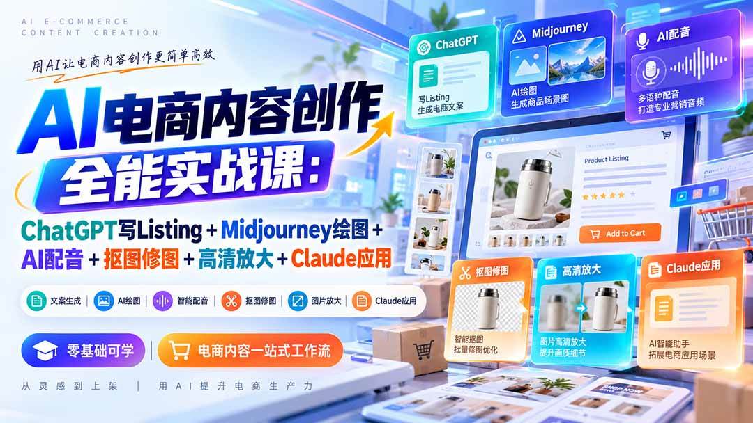 （20770期）【无水印】AI电商内容创作全能实战课：ChatGPT写Listing+Midjourney绘图+AI配音+抠图修图+高清放大+Claude应用亿创资源网_优质资源分享平台_一站式资源获取亿创资源网 | 优质资源分享平台_一站式资源获取