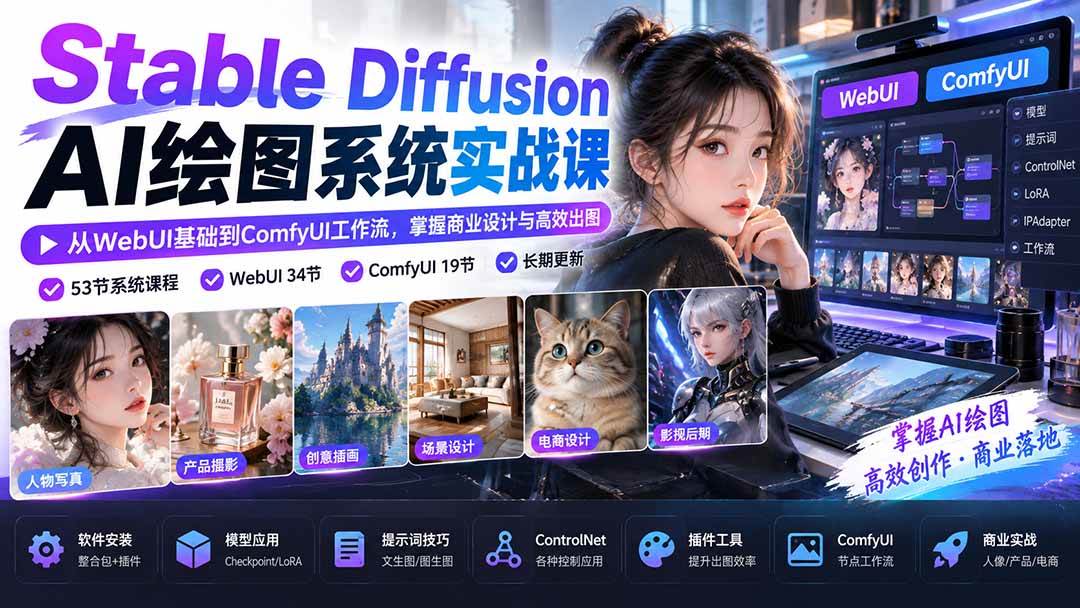 (20678期)Stable Diffusion AI绘图系统实战课:从WebUI基础到ComfyUI工作流,掌握商业设计与高效出图亿创资源网_优质资源分享平台_一站式资源获取亿创资源网 | 优质资源分享平台_一站式资源获取