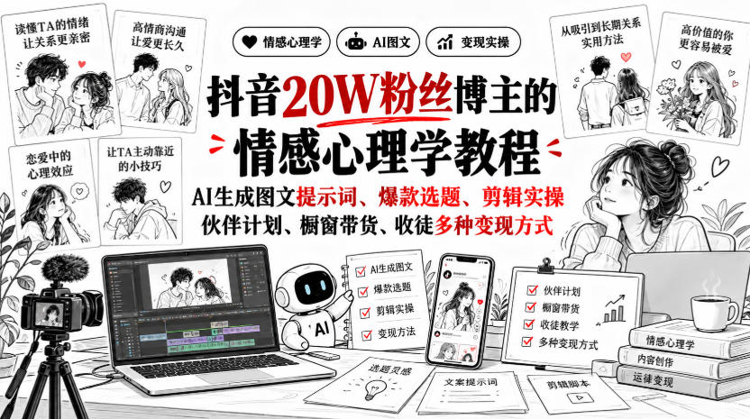 抖音20W粉丝博主的情感心理学教程,AI生成图文提示词、爆款选题、剪辑实操,伙伴计划、橱窗带货、收徒多种变现方式亿创资源网_优质资源分享平台_一站式资源获取亿创资源网 | 优质资源分享平台_一站式资源获取