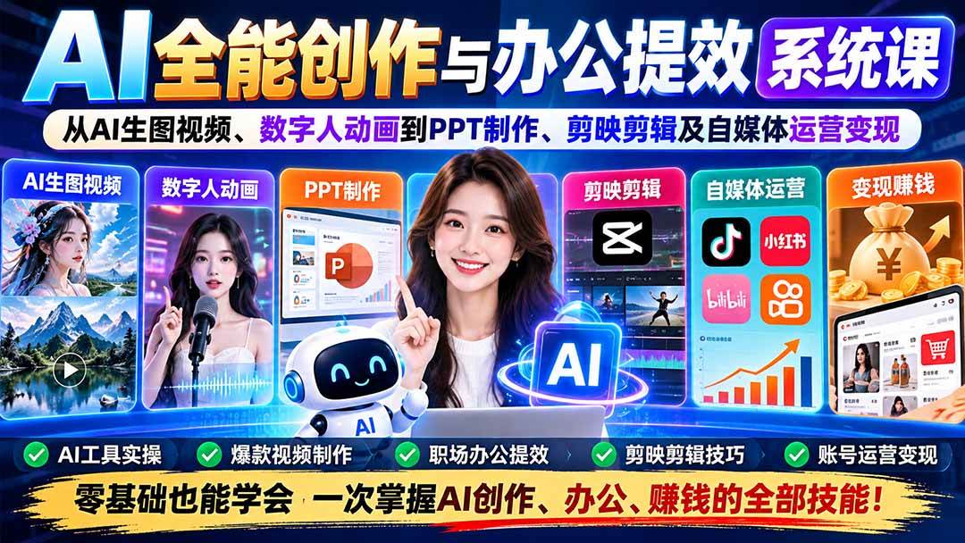 (20885期)AI全能创作与办公提效系统课:从AI生图视频、数字人动画到PPT制作、剪映剪辑及自媒体运营变现亿创资源网_优质资源分享平台_一站式资源获取亿创资源网 | 优质资源分享平台_一站式资源获取