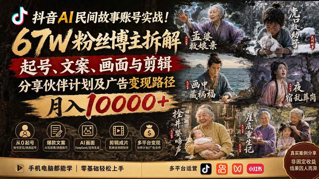 (19738期)抖音AI民间故事账号实战!67W粉丝博主拆解起号、文案、画面与剪辑,分享伙伴计划及广告变现路径,月入10000+亿创资源网_优质资源分享平台_一站式资源获取亿创资源网 | 优质资源分享平台_一站式资源获取