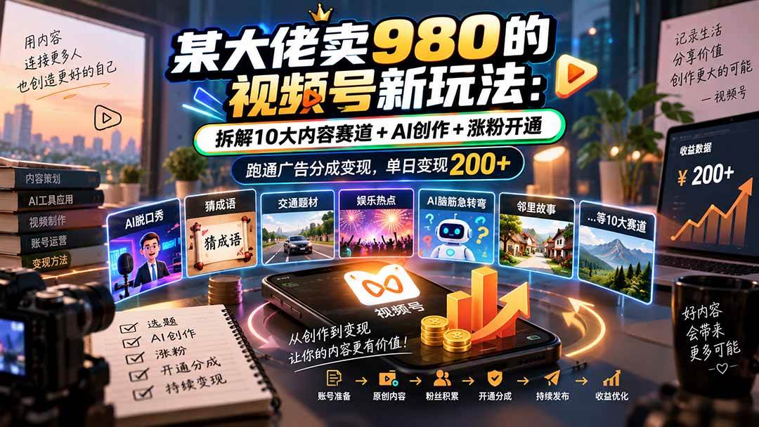 （20573期）某大佬卖980的视频号新玩法：拆解10大内容赛道+AI创作+涨粉开通，跑通广告分成变现，单日变现200+亿创资源网_优质资源分享平台_一站式资源获取亿创资源网 | 优质资源分享平台_一站式资源获取