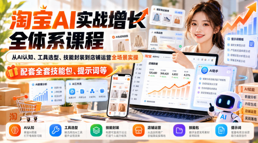 淘宝AI实战增长全体系课程,从AI认知、工具选型、技能封装到店铺运营全场景实操,配套全套技能包、提示词等亿创资源网_优质资源分享平台_一站式资源获取亿创资源网 | 优质资源分享平台_一站式资源获取