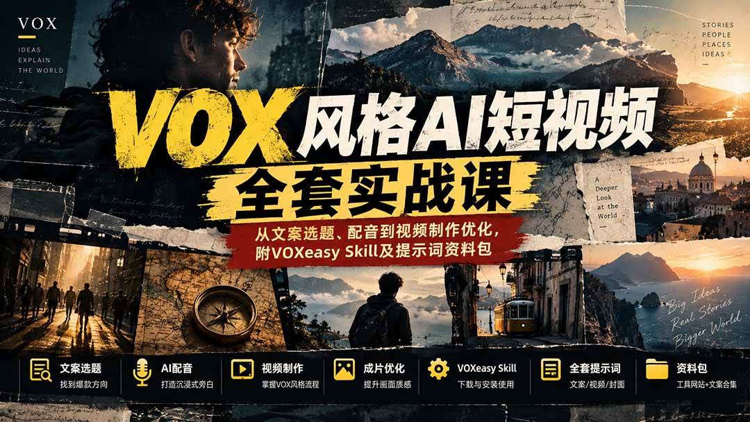 (20677期)【无水印】VOX风格AI短视频全套实战课:从文案选题、配音到视频制作优化,附VOXeasy Skill及提示词资料包亿创资源网_优质资源分享平台_一站式资源获取亿创资源网 | 优质资源分享平台_一站式资源获取