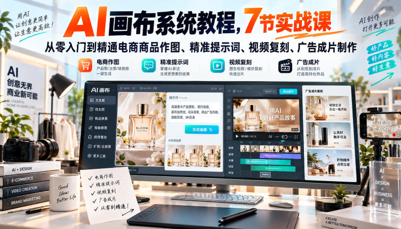 AI画布系统教程，7节实战课从零入门到精通电商商品作图、精准提示词、视频复刻、广告成片制作亿创资源网_优质资源分享平台_一站式资源获取亿创资源网 | 优质资源分享平台_一站式资源获取