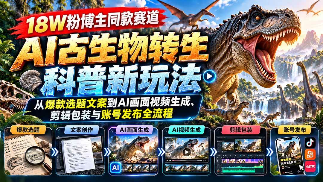 （20833期）18W粉博主同款赛道-AI古生物转生科普新玩法：从爆款选题文案到AI画面视频生成、剪辑包装与账号发布全流程亿创资源网_优质资源分享平台_一站式资源获取亿创资源网 | 优质资源分享平台_一站式资源获取