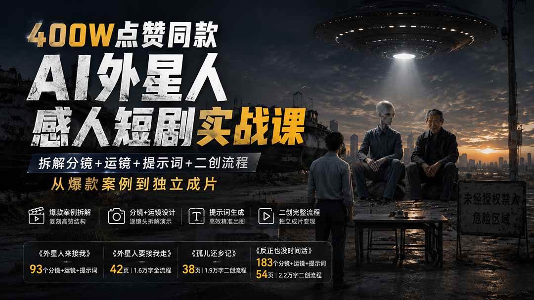 （20052期）400W点赞同款AI外星人感人短剧实战课：拆解分镜+运镜+提示词+二创流程，从爆款案例到独立成片亿创资源网_优质资源分享平台_一站式资源获取亿创资源网 | 优质资源分享平台_一站式资源获取