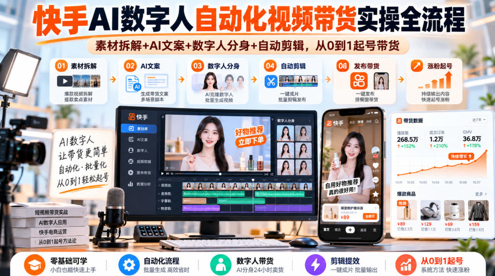 快手AI数字人自动化视频带货实操全流程|素材拆解+AI文案+数字人分身+自动剪辑,从0到1起号带货(更新26年)亿创资源网_优质资源分享平台_一站式资源获取亿创资源网 | 优质资源分享平台_一站式资源获取