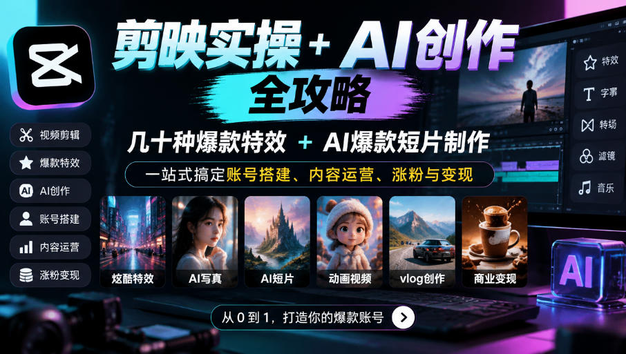 剪映实操+AI创作全攻略|几十种爆款特效+AI爆款短片制作,一站式搞定账号搭建、内容运营、涨粉与变现亿创资源网_优质资源分享平台_一站式资源获取亿创资源网 | 优质资源分享平台_一站式资源获取