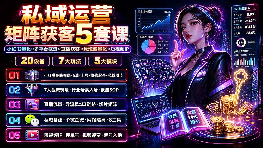 私域运营矩阵获客5套课：小红书量化×多平台截流×直播获客×绿泡泡量化×短视频IP×20设备×7大玩法亿创资源网_优质资源分享平台_一站式资源获取亿创资源网 | 优质资源分享平台_一站式资源获取