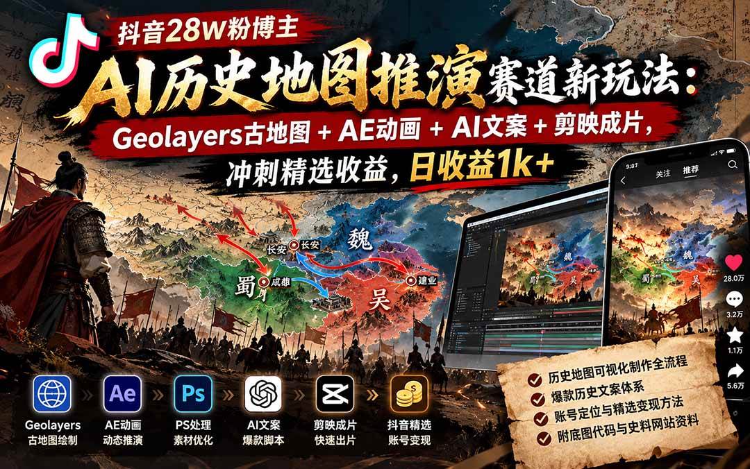 (20809期)抖音28W粉博主AI历史地图推演赛道新玩法:Geolayers古地图+AE动画+AI文案+剪映成片,冲刺精选收益,日收益1k+ (20809期)抖音28W粉博主AI历史地图推演赛道新玩法:Geolayers古地图+AE动画+AI文案+剪映成片,冲刺精选收益,日收益1k+