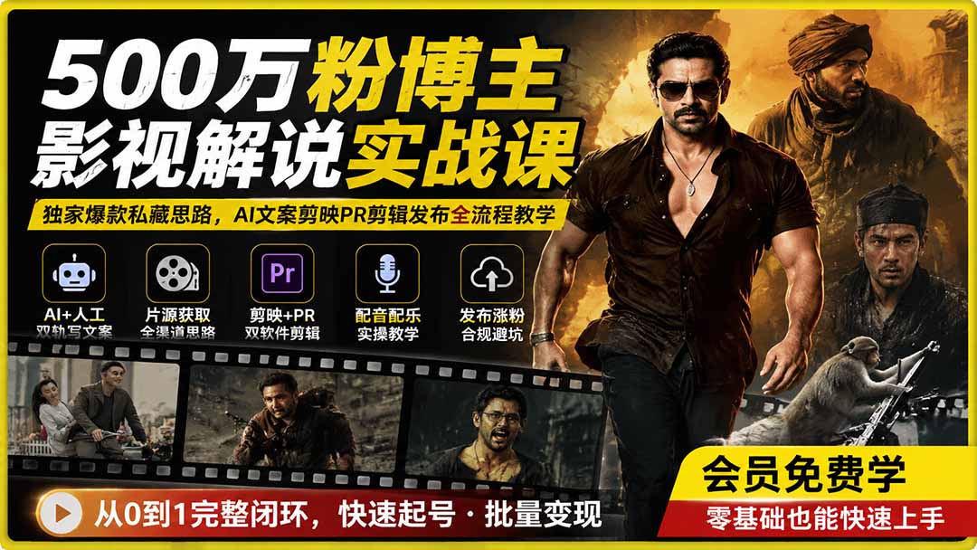 500万粉博主影视解说实战课｜独家爆款私藏思路，AI文案剪映PR剪辑发布全流程教学亿创资源网_优质资源分享平台_一站式资源获取亿创资源网 | 优质资源分享平台_一站式资源获取