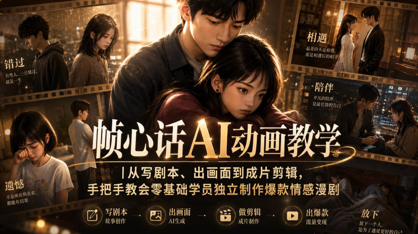 帧心话AI动画教学|从写剧本、出画面到成片剪辑,手把手教会零基础学员独立制作爆款情感漫剧亿创资源网_优质资源分享平台_一站式资源获取亿创资源网 | 优质资源分享平台_一站式资源获取