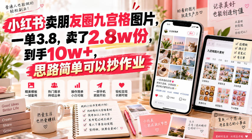 小红书卖朋友圈九宫格图片，一单3.8，卖了2.8w份，到手10w+，思路简单可以抄作业亿创资源网_优质资源分享平台_一站式资源获取亿创资源网 | 优质资源分享平台_一站式资源获取