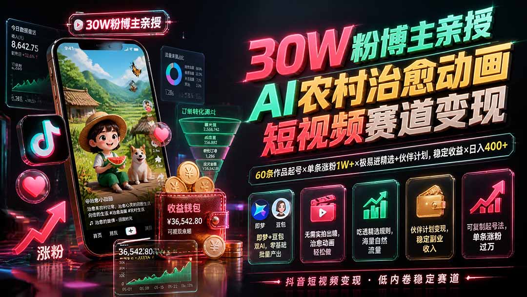30W粉博主亲授AI农村治愈动画短视频赛道变现：60条作品起号×单条涨粉1W+×极易进精选+伙伴计划，稳定收益×日入400+亿创资源网_优质资源分享平台_一站式资源获取亿创资源网 | 优质资源分享平台_一站式资源获取