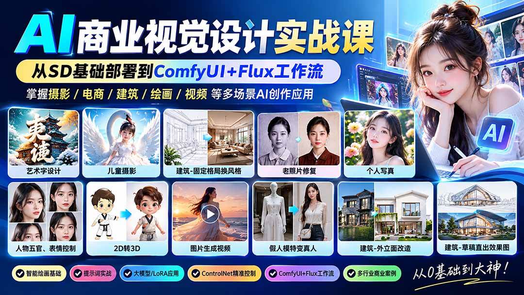 （20824期）【无水印】AI商业视觉设计实战课：从SD基础部署到ComfyUI+Flux工作流，掌握摄影电商建筑AI创作亿创资源网_优质资源分享平台_一站式资源获取亿创资源网 | 优质资源分享平台_一站式资源获取