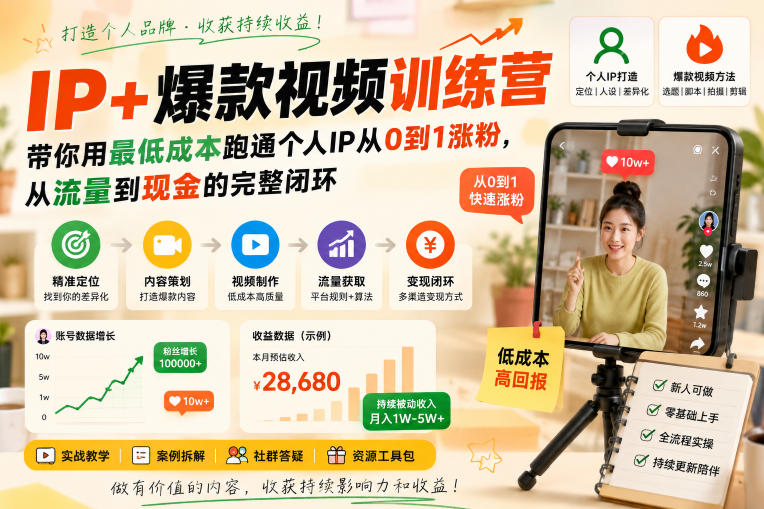 IP+爆款视频训练营,带你用最低成本跑通个人IP从0到1涨粉,从流量到现金的完整闭环亿创资源网_优质资源分享平台_一站式资源获取亿创资源网 | 优质资源分享平台_一站式资源获取