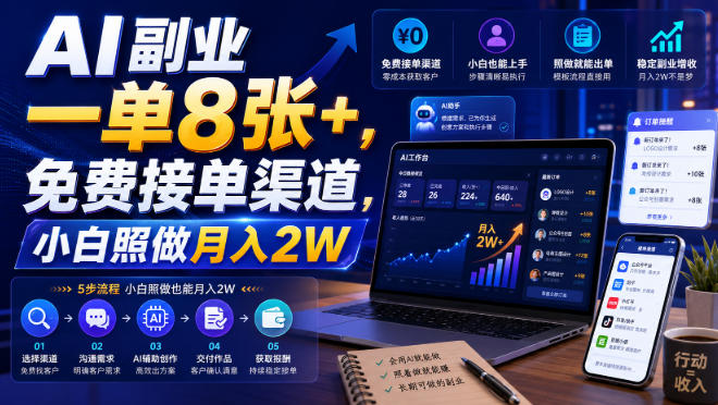 AI副业一单8张+，免费接单渠道，小白照做月入2W【揭秘】亿创资源网_优质资源分享平台_一站式资源获取亿创资源网 | 优质资源分享平台_一站式资源获取
