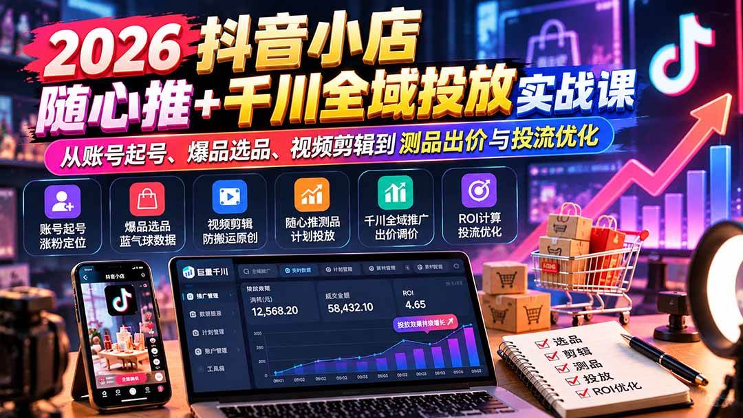 (20998期)2026抖音小店随心推+千川全域投放实战课:从账号起号、爆品选品、视频剪辑到测品出价与投流优化亿创资源网_优质资源分享平台_一站式资源获取亿创资源网 | 优质资源分享平台_一站式资源获取