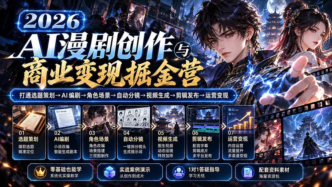 (20906期)【无水印】2026AI漫剧创作与商业变现掘金营:打通选题→AI编剧→角色场景→自动分镜→视频生成→剪辑发布→运营变现亿创资源网_优质资源分享平台_一站式资源获取亿创资源网 | 优质资源分享平台_一站式资源获取