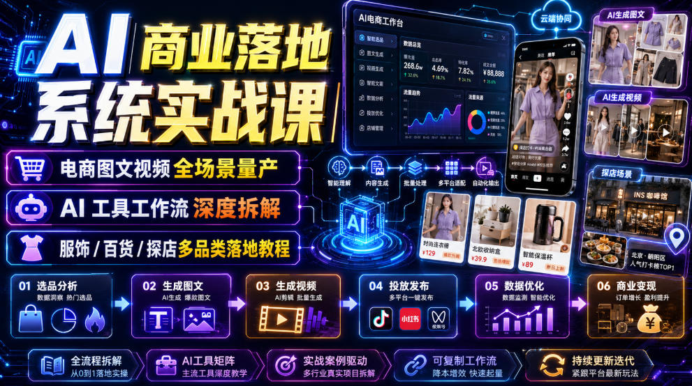 AI商业落地系统实战课｜电商图文视频全场景量产・AI工具工作流深度拆解・服饰/百货/探店多品类落地教程亿创资源网_优质资源分享平台_一站式资源获取亿创资源网 | 优质资源分享平台_一站式资源获取