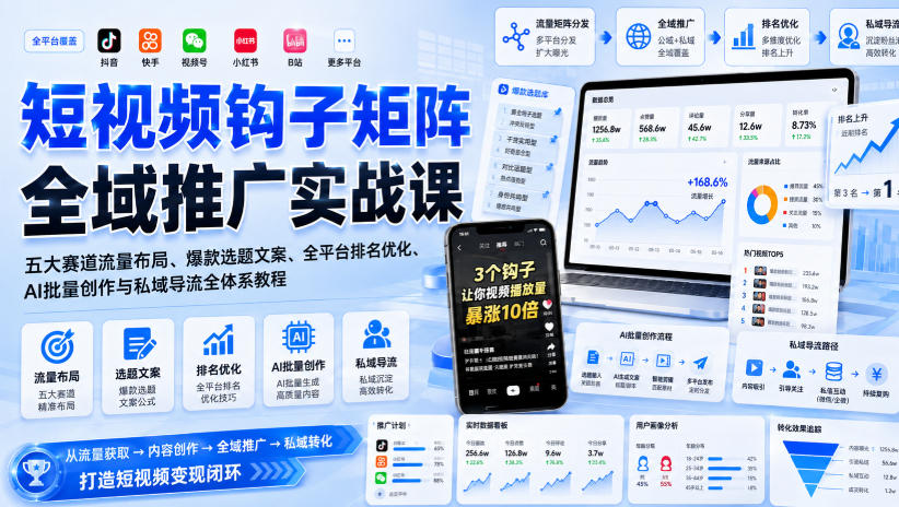 短视频钩子矩阵全域推广实战课|五大赛道流量布局、爆款选题文案、全平台排名优化、AI批量创作与私域导流全体系教程亿创资源网_优质资源分享平台_一站式资源获取亿创资源网 | 优质资源分享平台_一站式资源获取